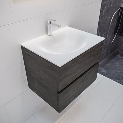 Mondiaz Vica Moon badmeubel eiken donker bruin 60 cm 2 lades solid surface enkele spoelbak midden 1 kraangat