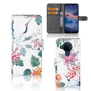 Nokia 5.4 Telefoonhoesje met Pasjes Bird Flowers