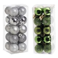 Kleine kunststof kerstversiering 40x stuks set en 3 cm kerstballen in het zilver en appelgroen - thumbnail