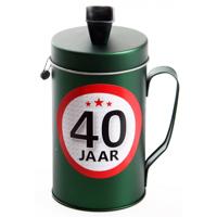 Spaarpot - 40 jaar geworden thema - verjaardag cadeau - Blik met sticker van 9 cm