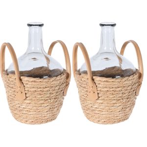 Set van 2x stuks flesvaas glas transparant met gevlochten rieten mand 18 x 27 cm