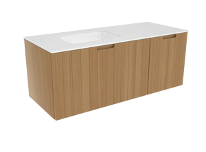 Balmani Adagio zwevend badmeubel 135 x 55,5 cm verweerd eiken met Tablo Arcato asymmetrisch linkse wastafel in matte Solid Surface