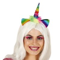 Fiestas Verkleed haarband Unicorn/eenhoorn - regenboog gekleurd - meisjes/dames - met bloemen - Verkleedhoofddeksels - thumbnail