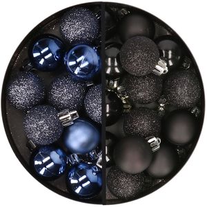 34x stuks kunststof kerstballen donkerblauw en zwart 3 cm