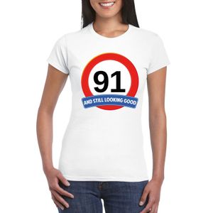 Verkeersbord 91 jaar t-shirt wit dames