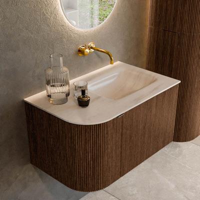 Badmeubel Mondiaz Kurve-Dlux | 75 cm | Meubelkleur Walnut | Wastafelkleur Meli | Solid surface | Wasbak rechter zijde spoelbak | Zonder kraangat(en)