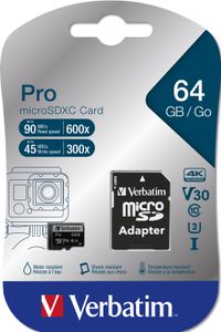 Verbatim PRO microSDXC-kaart 64 GB Class 10, UHS-I, UHS-Class 3 Incl. SD-adapter