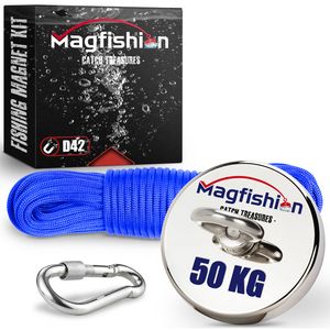 Magfishion Magneetvissen - 50 KG Trekkracht - Mini Vismagneet - 10 Meter Lang Touw + Karabijnhaak met Schroefsluiting -
