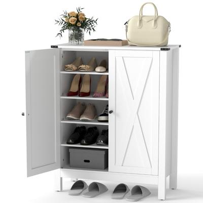 Schoenenkast met Deuren & 6-traps Verstelbare Planken Schoenencommode in Landelijke Stijl Wit