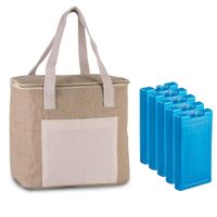 Grote koeltas jute/canvas 12 liter en 28 x 25 x 17 cm met 5x stuks koelelementen blauw