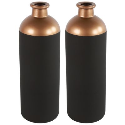 Countryfield Bloemen/deco vaas - 2x - zwart/koper - glas - luxe fles vorm - D11 x H33 cm