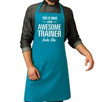 Awesome trainer cadeau bbq/keuken schort turquoise blauw heren   - - thumbnail