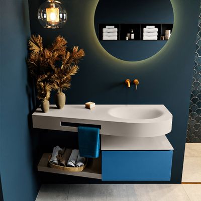 MONDIAZ RIVA 120cm badmeubel onderkast / planchet kleur Jeans met 1 lade. Wastafel DULCET rechts 0 kraangaten kleur Linen.