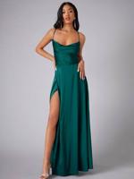 Bon&Bon Lilac Satin Bridesmaid Dress | Cowl Neck Maxi Gown with Split Dark Green1 / XL