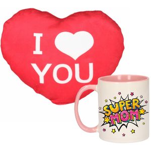 Super mom mok/beker 300 ml roze incl. sierkussentje hart vorm 12 cm