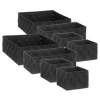Set van 8x gevlochten opbergmanden - zwart - Kast/badkamer mandjes - in verschillende formaten