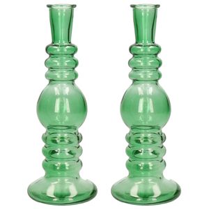 Bloemenvaas Florence - 2x - voor kleine stelen/boeketten - groen glas - helder - D8,5 x H23 cm