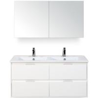 Porto Badmeubelset 120 cm - 4 Laden Wit Hoogglans - Keramische Wastafel Wit Slim met Spiegelkast