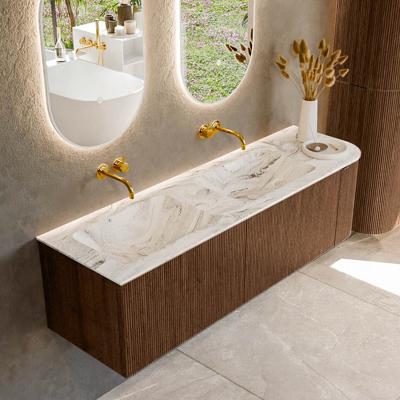 Badmeubel Mondiaz Kurve-Dlux | 155 cm | Meubelkleur Walnut | Wastafelkleur Glace | Solid surface | Dubbele spoelbak | Zonder kraangat(en)