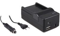 4-in-1 acculader voor Sony NP-FM50 / NP-FM55H accu - compact en licht - laden via stopcontact, auto, USB en Powerbank