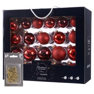 Kerstversiering glazen kerstballen mix set 5-6-7 cm rood/donkerrood 42x stuks met haakjes