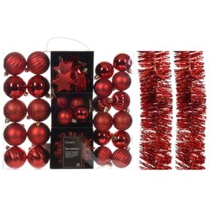 Kerstversiering set - rood - kerstballen, ornamenten en folie slingers - kunststof