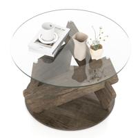 Ronde Glazen Tafel met Gehard Glazen Blad en Massief Houten Frame Moderne Salontafel φ 81cm