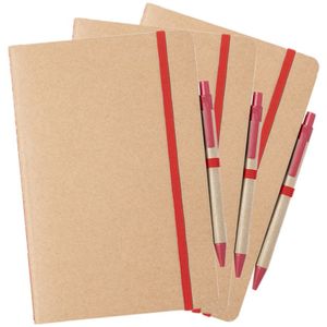 Set van 3x stuks natuurlijn schriftjes/notitieboekjes karton/rood met elastiek A5 formaat