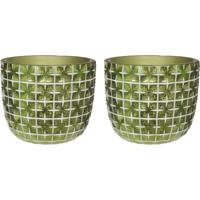 Bloempot/plantenpot ruit motief Hanoi - 2x - metallic groen - D10 x H8 cm - binnen - thumbnail