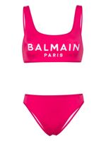 Balmain bikini rayé à logo brodé - Rose