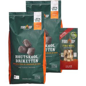 BBQ starterspakket - houtskool briketten 10 kilo - barbecue aanmaak houtwolkrullen 25x