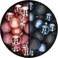 34x stuks kunststof kerstballen roze en donkerblauw 3 cm - thumbnail