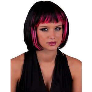 Funny Fashion Heksenpruik kort haar - zwart/roze - dames - Halloween   -