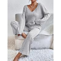 Dames Pyjama Sets Heldere kleur Modieus Basic Comfortabel Huis Dagelijks Bed Polyester Ademend V-Wire Lange mouw T-shirt Pantalon Elastische taille Herfst Zwart Wijn Lightinthebox