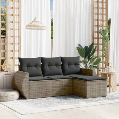 4-delige Loungeset met kussens poly rattan grijs
