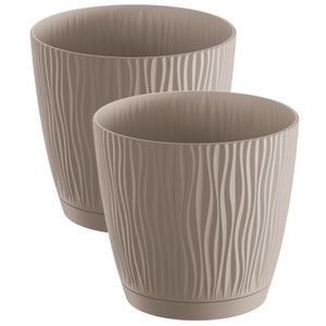 2x stuks stijlvolle kunststof plantenpot/bloempot dia 13 cm/hoogte 12 cm Waves taupe