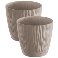 2x stuks stijlvolle kunststof plantenpot/bloempot dia 13 cm/hoogte 12 cm Waves taupe