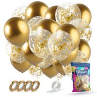 Fissaly® 40 stuks Gouden & Confetti Goud Helium Ballonnen met Lint – Decoratie – Versiering - Papieren Confetti – Latex - thumbnail