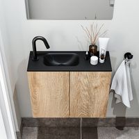 Zaro Polly toiletmeubel 60cm eiken met zwarte wastafel met kraangat links - thumbnail