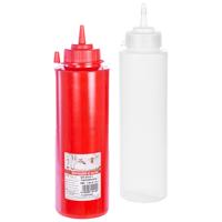 Doseer/sausfles - 2x stuks - 750 ml - rood/transparant - kunsstof - met schenktuit