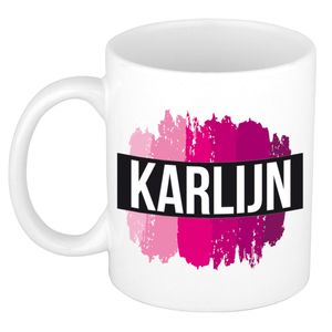 Naam cadeau mok / beker Karlijn  met roze verfstrepen 300 ml   -