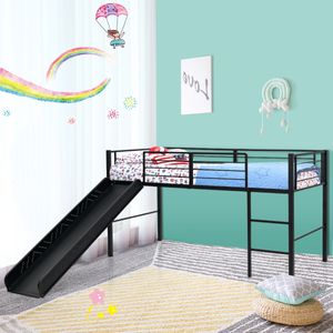 Hoogslaper met Glijbaan en Ladder Kinderbed met Lattenbodem en Valbeveiliging van Metaal voor Jongens en Meisjes 198 x 96 x 109 cm Zwart