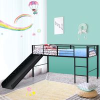 Hoogslaper met Glijbaan en Ladder Kinderbed met Lattenbodem en Valbeveiliging van Metaal voor Jongens en Meisjes 198 x 96 x 109 cm Zwart
