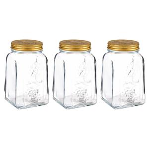 Voorraadpot/bewaarpot Square - 3x - glas - 1,5L - transparant/goud - D10 x H19 cm - voedsel bewaren