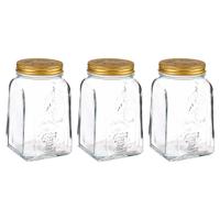 Voorraadpot/bewaarpot Square - 3x - glas - 1,5L - transparant/goud - D10 x H19 cm - voedsel bewaren