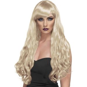 Damespruik lang blond met krullen en pony   -