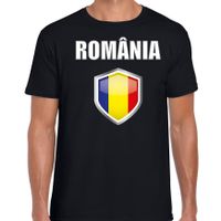 Roemenie landen supporter t-shirt met Roemeense vlag schild zwart heren