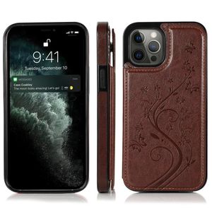 iPhone 12 Mini hoesje - Backcover - Pasjeshouder - Portemonnee - Bloemenprint - Kunstleer - Bruin