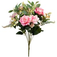 Louis Maes Kunstbloemen boeket rozen/magnolia met bladgroen - roze - H50 cm - Bloemstuk - Kunstbloemen - thumbnail