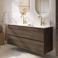 Saqu Terra badmeubel incl. dubbele glans witte keramische wastafel 141x51x66cm sepia eiken